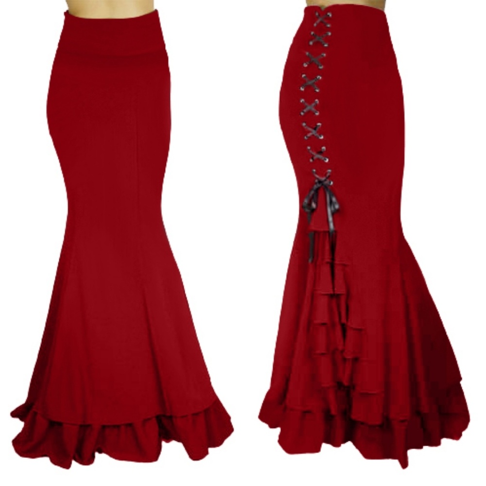 Gothic Steampunk Lace Up Ruffle Long Skirt - Picture 2 of 6